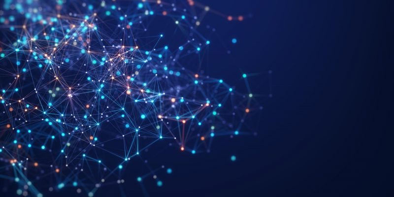 Abstract connected dots and lines. Concept of AI technology, Motion of digital data flow. Communication and technology network concept with moving lines and dots. 3D rendering