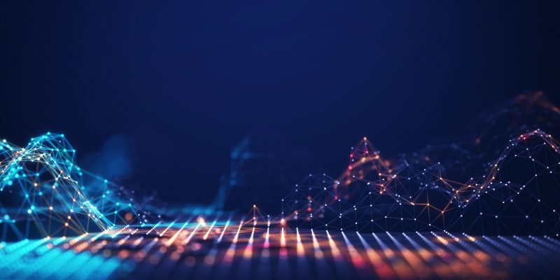 Abstract connected dots and lines. Concept of AI technology, Motion of digital data flow. Communication and technology network concept with moving lines and dots. 3D rendering